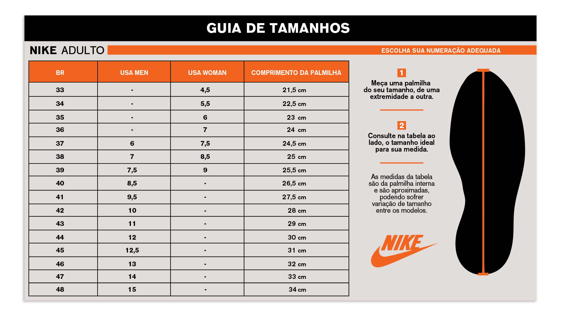 Tabela de medidas tenis fashion nike